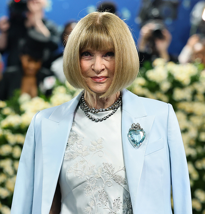 Anna Wintour at the Met Gala wearing a light blue dress and statement necklace, causing dress stain gossip. Anna Wintour at the Met Gala wearing a light blue dress and statement necklace, causing dress stain gossip.