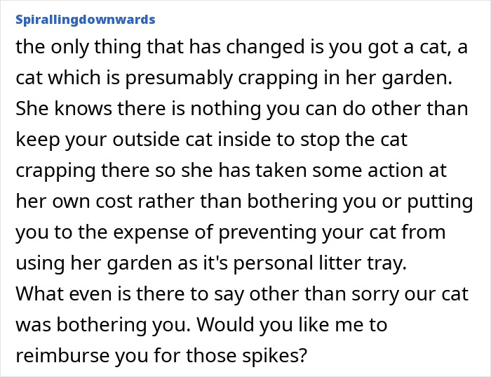 Comment discussing a mad neighbor putting spikes on fence due to an outdoor cat causing a heated online debate. Comment discussing a mad neighbor putting spikes on fence due to an outdoor cat causing a heated online debate.