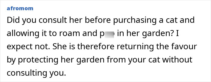 Online comment discussing couple, mad neighbor, and outdoor cat causing fence spikes debate. Online comment discussing couple, mad neighbor, and outdoor cat causing fence spikes debate.