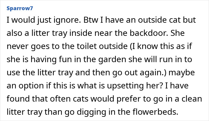 Forum comment discussing outdoor cat behavior and solutions amid couple and mad neighbor fence spikes debate online. Forum comment discussing outdoor cat behavior and solutions amid couple and mad neighbor fence spikes debate online.