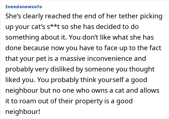 Text excerpt from an online debate about a couple and neighbor dispute involving outdoor cat and fence spikes. Text excerpt from an online debate about a couple and neighbor dispute involving outdoor cat and fence spikes.