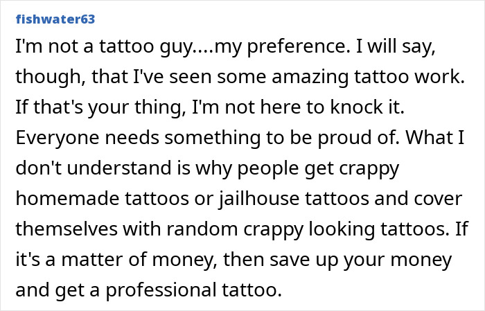 Alt text: User discussing tattoo preferences and advising to save money for professional tattoos amid the tattoo boom cooling. Alt text: User discussing tattoo preferences and advising to save money for professional tattoos amid the tattoo boom cooling.