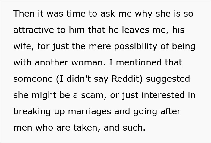 Text excerpt about a woman whose husband leaves her after being hit on, discussing possible scams targeting marriages. Text excerpt about a woman whose husband leaves her after being hit on, discussing possible scams targeting marriages.