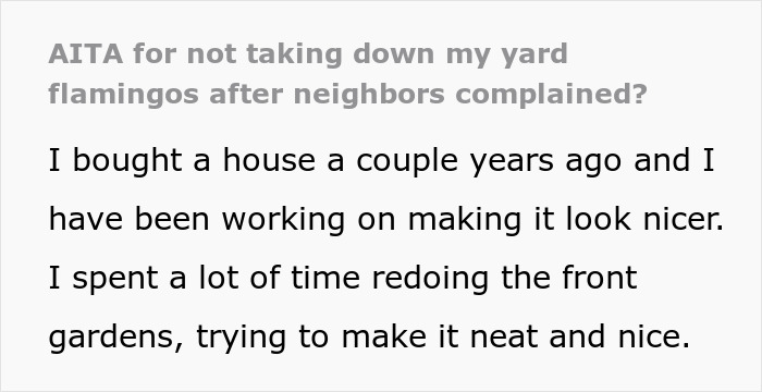 Text excerpt about yard flamingos and neighbor complaints in a Facebook campaign involving pink flamingos in a residential area. Text excerpt about yard flamingos and neighbor complaints in a Facebook campaign involving pink flamingos in a residential area.