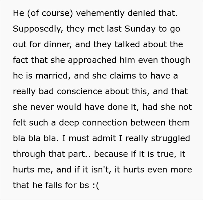 Text excerpt showing a woman explaining her husband's denial after being hit on, highlighting relationship struggles. Text excerpt showing a woman explaining her husband's denial after being hit on, highlighting relationship struggles.