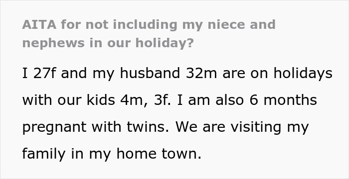 Text excerpt from a woman explaining family holiday plans and refusing to babysit step sister’s kids, causing family drama. Text excerpt from a woman explaining family holiday plans and refusing to babysit step sister’s kids, causing family drama.