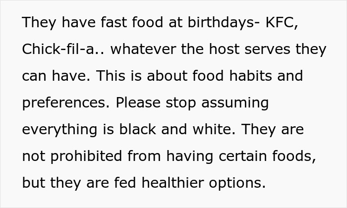 Text excerpt discussing fast food at birthdays and food habits, highlighting refusal to leave kids with MIL feeding fast food. Text excerpt discussing fast food at birthdays and food habits, highlighting refusal to leave kids with MIL feeding fast food.