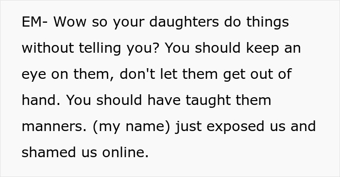 Text message conversation discussing daughters' behavior and being shamed online during a girl’s 11th birthday event.