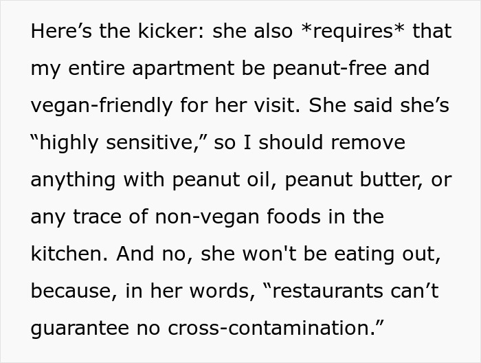 Text excerpt showing a highly sensitive SIL demanding peanut-free and vegan-friendly apartment conditions. Text excerpt showing a highly sensitive SIL demanding peanut-free and vegan-friendly apartment conditions.