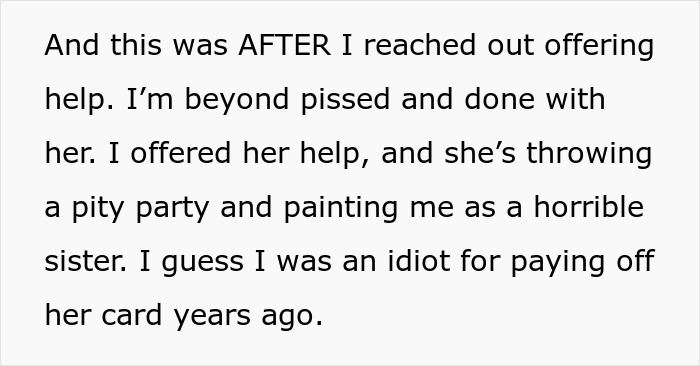 Text message showing a woman upset after offering help to her sister who refuses to repay debts from years ago. Text message showing a woman upset after offering help to her sister who refuses to repay debts from years ago.