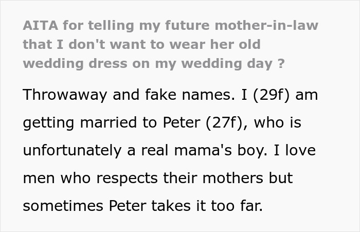 Woman refuses to wear fiancé’s mom’s used wedding dress, rejecting being a prop in strange family wedding fantasy Woman refuses to wear fiancé’s mom’s used wedding dress, rejecting being a prop in strange family wedding fantasy
