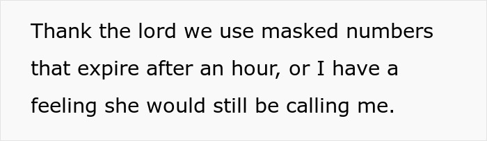 Text saying thank the lord for masked numbers that expire after an hour to avoid ongoing calls from Grocery Karen. Text saying thank the lord for masked numbers that expire after an hour to avoid ongoing calls from Grocery Karen.