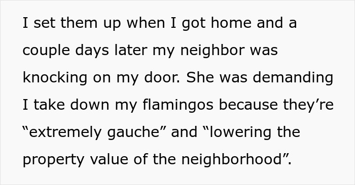 Text excerpt about a neighbor demanding removal of pink flamingos, sparking a Facebook campaign and flamingo debate.