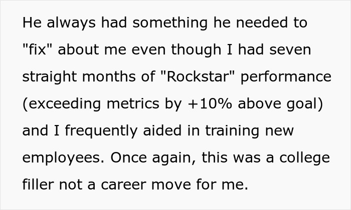Text excerpt about employee performance, training new hires, and handling strict workplace rules on lateness and overtime. Text excerpt about employee performance, training new hires, and handling strict workplace rules on lateness and overtime.