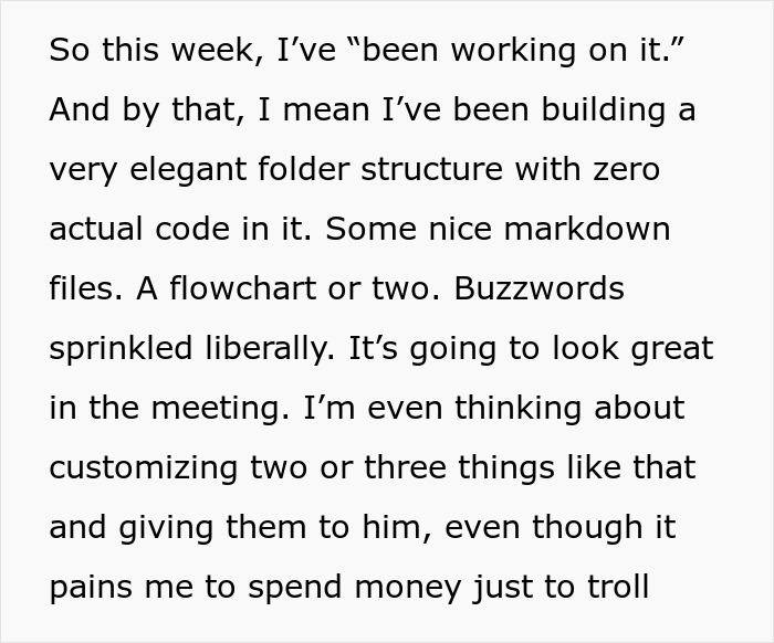 Text excerpt showing a worker describing creating a fake project folder with buzzwords while knowing they won’t do the new project. Text excerpt showing a worker describing creating a fake project folder with buzzwords while knowing they won’t do the new project.