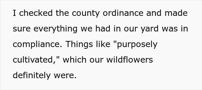 Text excerpt from couple explaining yard compliance with county rules about cultivated wildflowers in overgrown weeds. Text excerpt from couple explaining yard compliance with county rules about cultivated wildflowers in overgrown weeds.