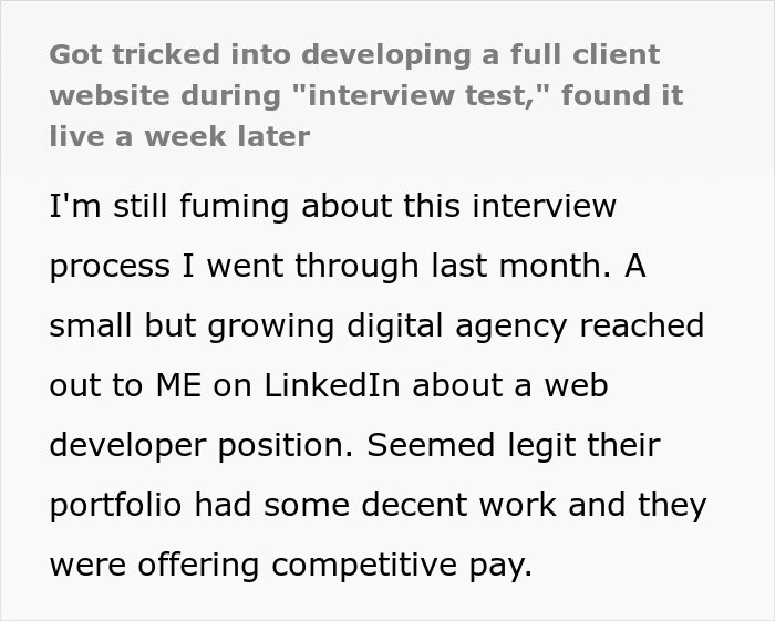 Person realizes they got tricked during an interview task when the project they worked on is found live online.