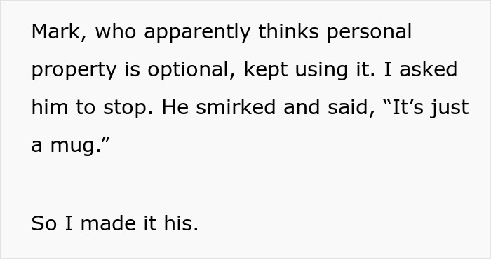 Text describing a man’s coworker repeatedly stealing his Hawaii mug, leading him to serve cat-food-flavored coffee.