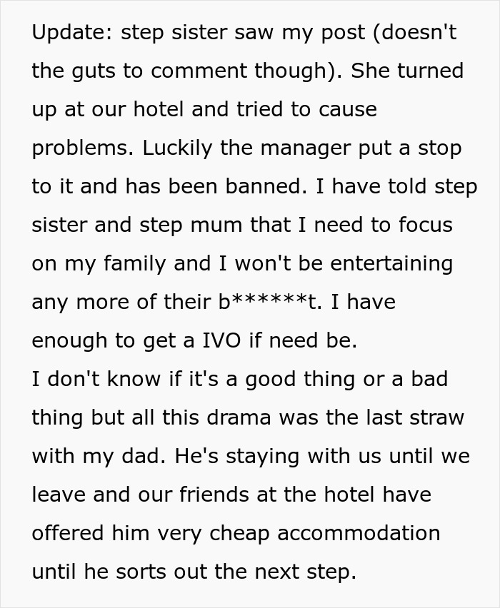 Text post update about family drama after woman refuses to babysit step sister’s kids during holiday. Text post update about family drama after woman refuses to babysit step sister’s kids during holiday.