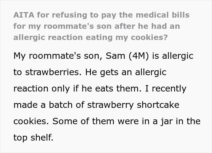Text excerpt about refusing to pay medical bills for roommate's son after allergic reaction to cookies causing health issues. Text excerpt about refusing to pay medical bills for roommate's son after allergic reaction to cookies causing health issues.