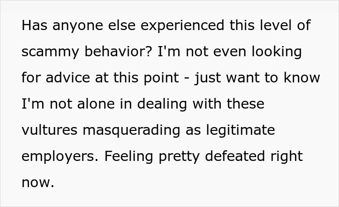 Text post describing frustration with scammy interview tasks, highlighting feeling tricked during an interview task live.