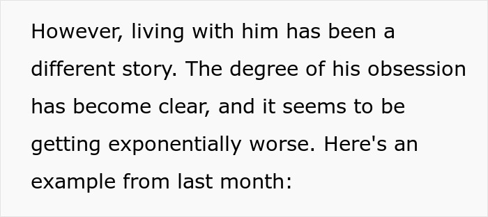 Text excerpt describing a boyfriend’s growing obsession with a secret scale for measuring his number twos. Text excerpt describing a boyfriend’s growing obsession with a secret scale for measuring his number twos.