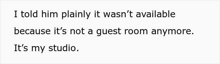 Text on a plain background about a man stating his room is now his miniature wargaming studio, not a guest room. Text on a plain background about a man stating his room is now his miniature wargaming studio, not a guest room.