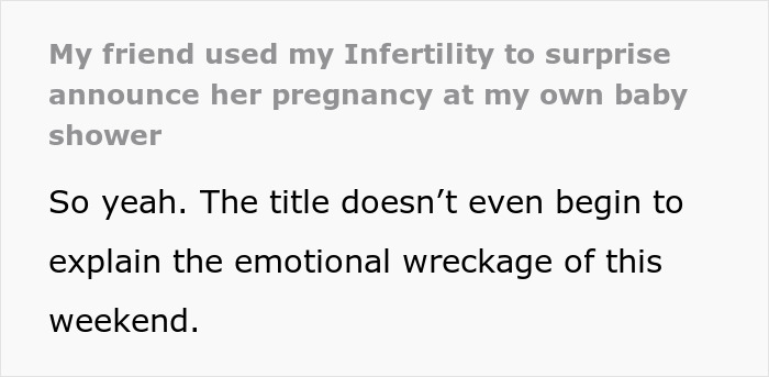 Woman hosting baby shower after fertility struggles, with best friend surprising her by announcing pregnancy. Woman hosting baby shower after fertility struggles, with best friend surprising her by announcing pregnancy.