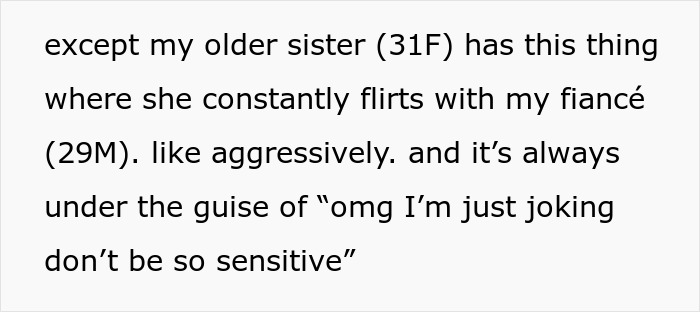 Text excerpt describing a woman who makes below-the-belt comments about her sister’s fiancé, causing tension.
