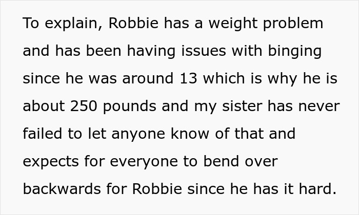 Text about Robbie’s weight problem and sister’s defense, related to nephew excluded from birthday, fatphobic family conflict. Text about Robbie’s weight problem and sister’s defense, related to nephew excluded from birthday, fatphobic family conflict.