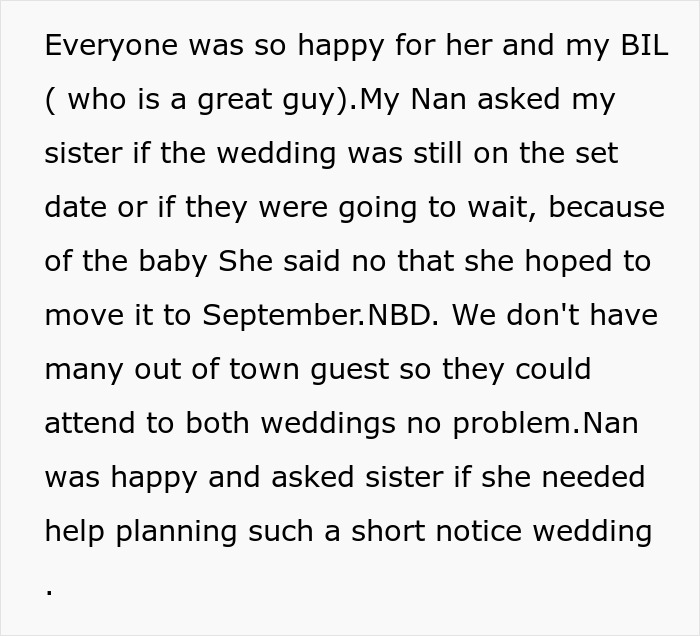 Text excerpt describing a pregnant sister demanding wedding venue despite couple booking three years in advance. Text excerpt describing a pregnant sister demanding wedding venue despite couple booking three years in advance.
