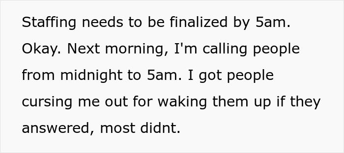 Text showing a worker describing staffing calls made early morning that caused frustration due to new medical facility policy. Text showing a worker describing staffing calls made early morning that caused frustration due to new medical facility policy.