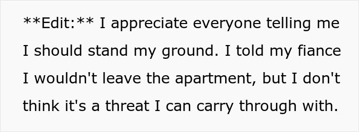 Text excerpt from ex-fiance Valentine Day apartment dispute showing standing ground and apartment threats discussion. Text excerpt from ex-fiance Valentine Day apartment dispute showing standing ground and apartment threats discussion.