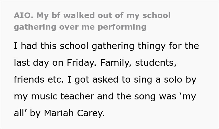Text excerpt about a guy walking out during his girlfriend’s school performance due to how she connects with the song. Text excerpt about a guy walking out during his girlfriend’s school performance due to how she connects with the song.
