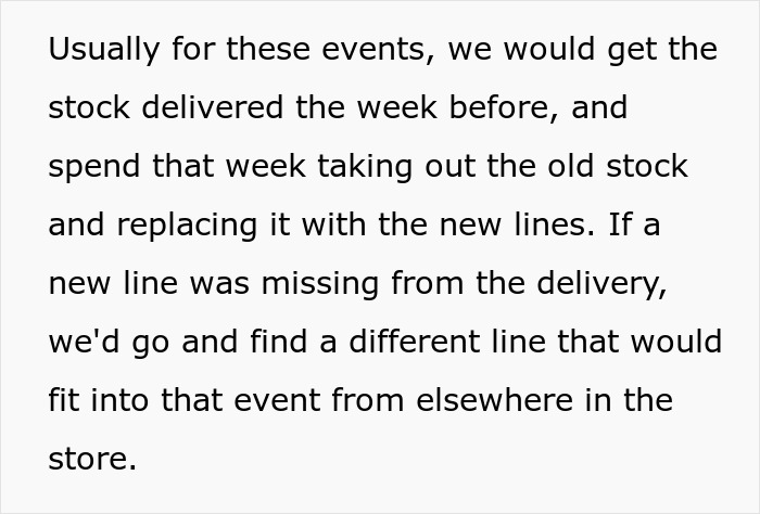 Text excerpt explaining stock delivery and replacing old stock for events in a retail manager and staff context. Text excerpt explaining stock delivery and replacing old stock for events in a retail manager and staff context.