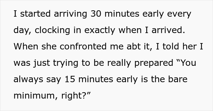 Text showing an employee’s clever workaround to a boss obsessed with punctuality shaming workers for being on time.