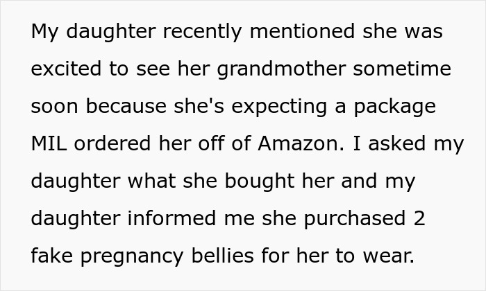 Text explaining MIL's weird gift of fake pregnancy bellies to a pregnancy-obsessed 6-year-old, sparking mom's fury. Text explaining MIL's weird gift of fake pregnancy bellies to a pregnancy-obsessed 6-year-old, sparking mom's fury.