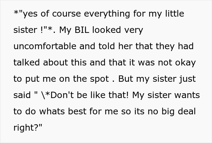 Text excerpt showing a conversation about a sister insisting on special treatment at a wedding venue booked years in advance. Text excerpt showing a conversation about a sister insisting on special treatment at a wedding venue booked years in advance.