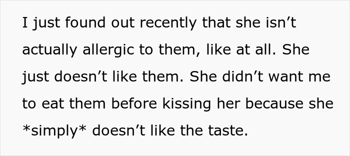 Text about partner upset with girlfriend over strawberry allergy misunderstanding and dislike of taste. Text about partner upset with girlfriend over strawberry allergy misunderstanding and dislike of taste.