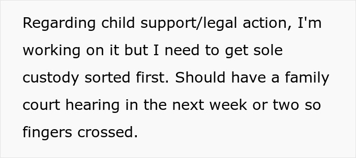 Text message about working on child support and sole custody for a family court hearing in the coming weeks. Text message about working on child support and sole custody for a family court hearing in the coming weeks.