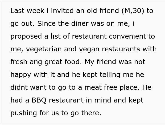 Friend laughs off vegan’s warning at vegetarian restaurant, surprised when bill arrives for paying only his food.