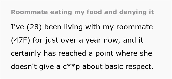 Middle-aged woman with a shopping habit repeatedly stealing roommate’s food causing frustration and conflict.