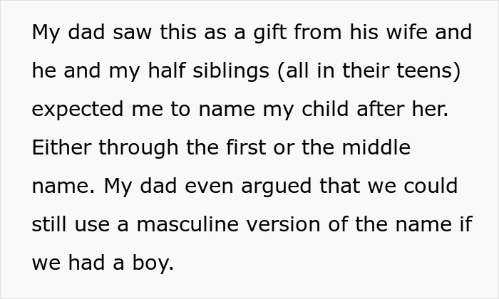 Text describing a dad seeing his grandbaby as a sign from his late wife and demanding the son name him after her. Text describing a dad seeing his grandbaby as a sign from his late wife and demanding the son name him after her.