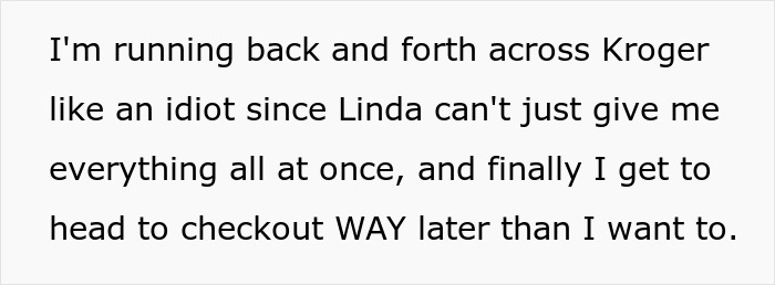 Text snippet showing a frustrated shopper describing delays at Kroger while a grocery Karen refuses to pay for extra items. Text snippet showing a frustrated shopper describing delays at Kroger while a grocery Karen refuses to pay for extra items.