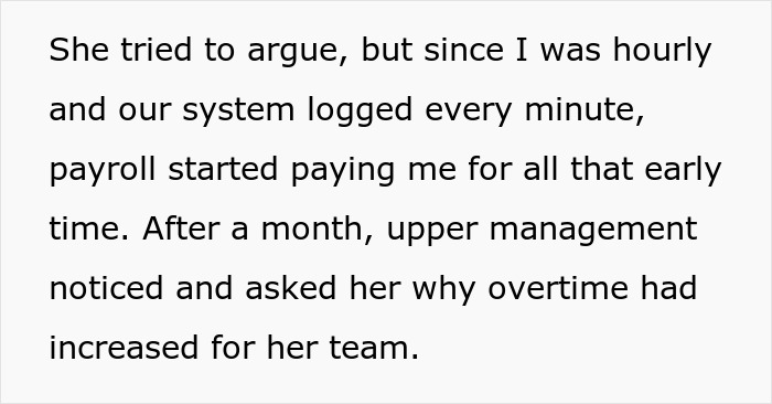 Text excerpt describing a clever workaround by an employee dealing with a boss obsessed with punctuality and overtime tracking.