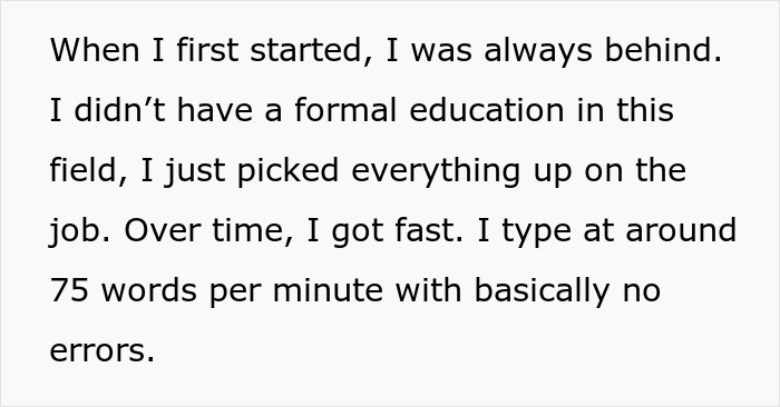 Text on a white background describing an employee’s journey to working efficiently and only a week a month. Text on a white background describing an employee’s journey to working efficiently and only a week a month.
