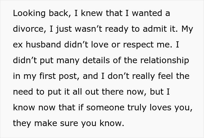 Text excerpt discussing a woman reflecting on divorce and lack of love and respect from her husband after a cross-country move. Text excerpt discussing a woman reflecting on divorce and lack of love and respect from her husband after a cross-country move.