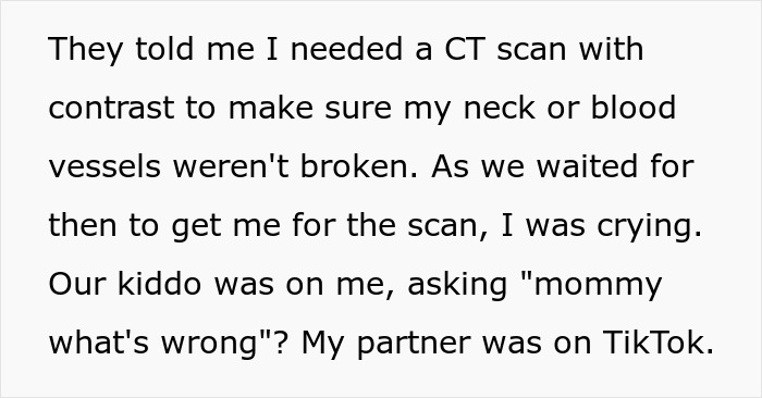 Woman scared and bruised in ER, crying while waiting for CT scan, as her husband is busy on TikTok nearby. Woman scared and bruised in ER, crying while waiting for CT scan, as her husband is busy on TikTok nearby.