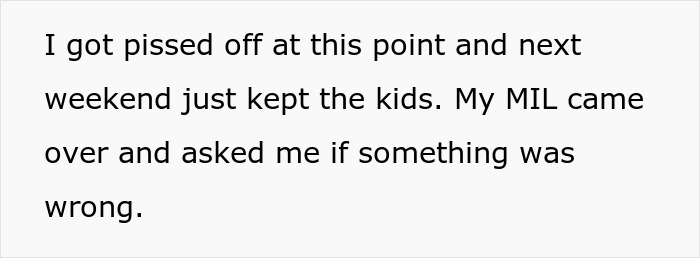 Text excerpt about mom refusing to leave kids with MIL after she keeps feeding them fast food. Text excerpt about mom refusing to leave kids with MIL after she keeps feeding them fast food.