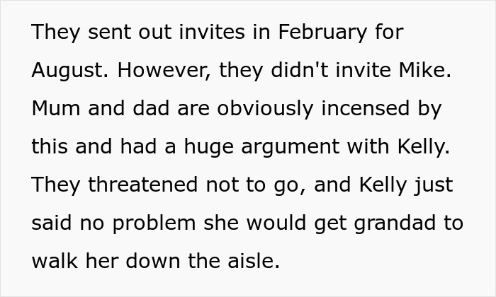 Text describing a wedding invitation dispute as couple goes ballistic over daughter refusing to invite bully brother to wedding. Text describing a wedding invitation dispute as couple goes ballistic over daughter refusing to invite bully brother to wedding.